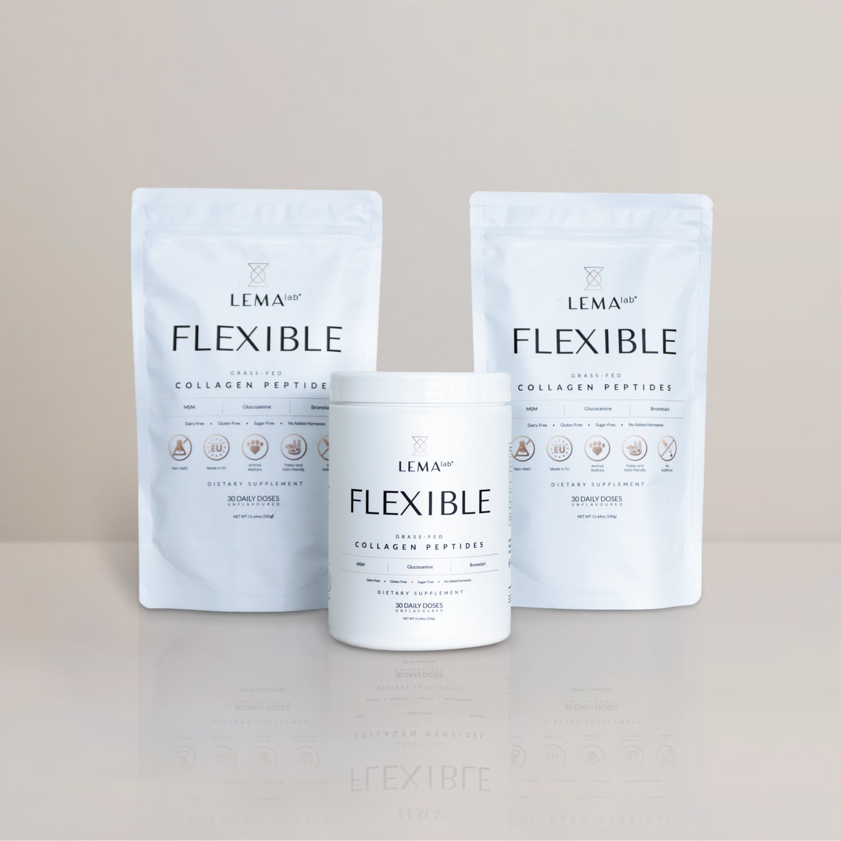 Three packages of LEMAlab FLEXIBLE Collagen Peptides on a light gray background